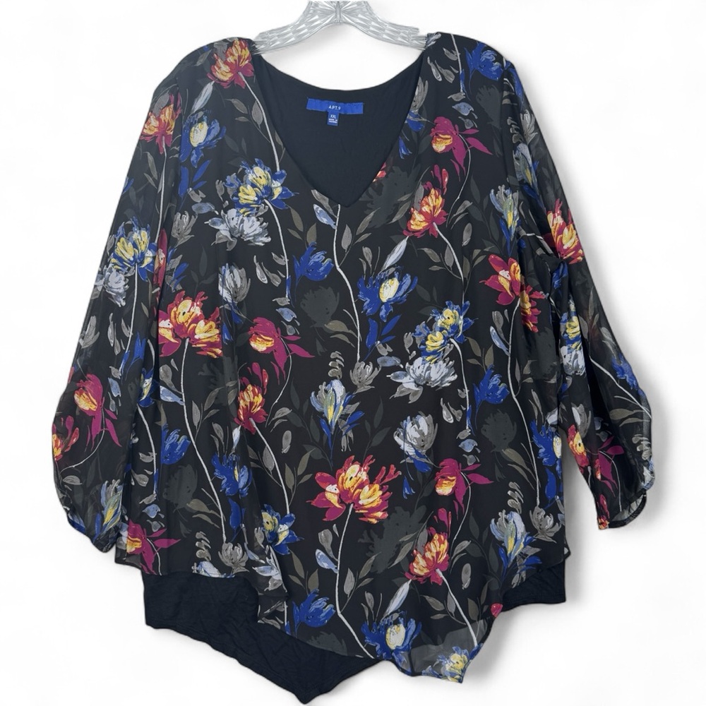 Apt 9 Womens Blouse Top Size XXL Floral Print On Black Sheer 3/4 Sleeves, Lined